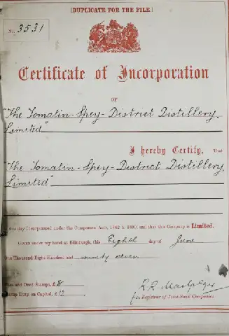 The certificate of incorporation of the Tomatin Spey District Distillery